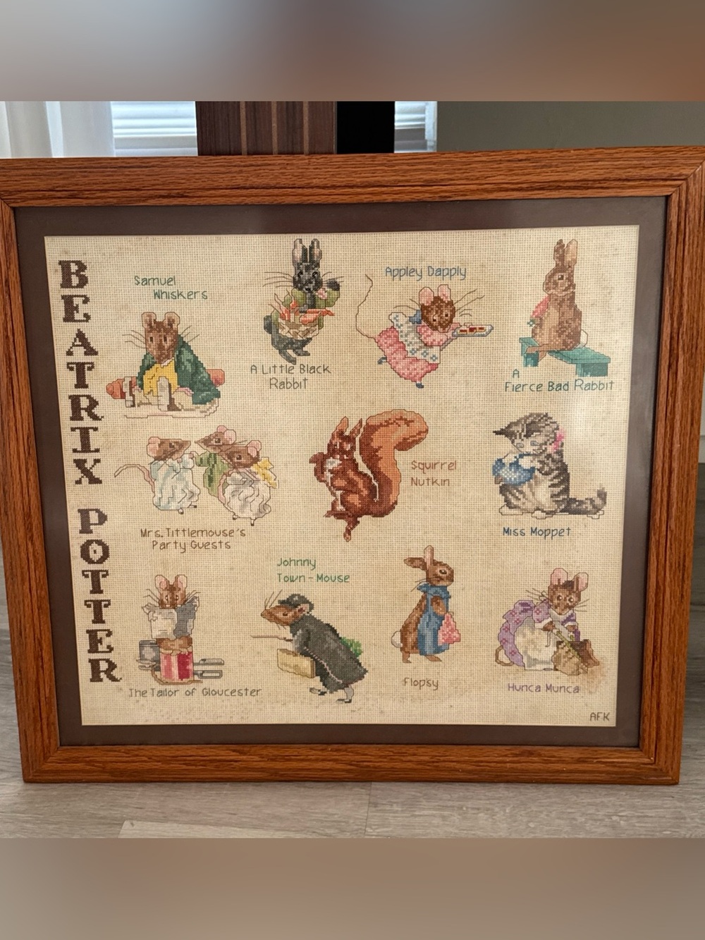 Vintage Beatrix Potter Mouse Framed Needle Point Country Cottage Mice  23x22